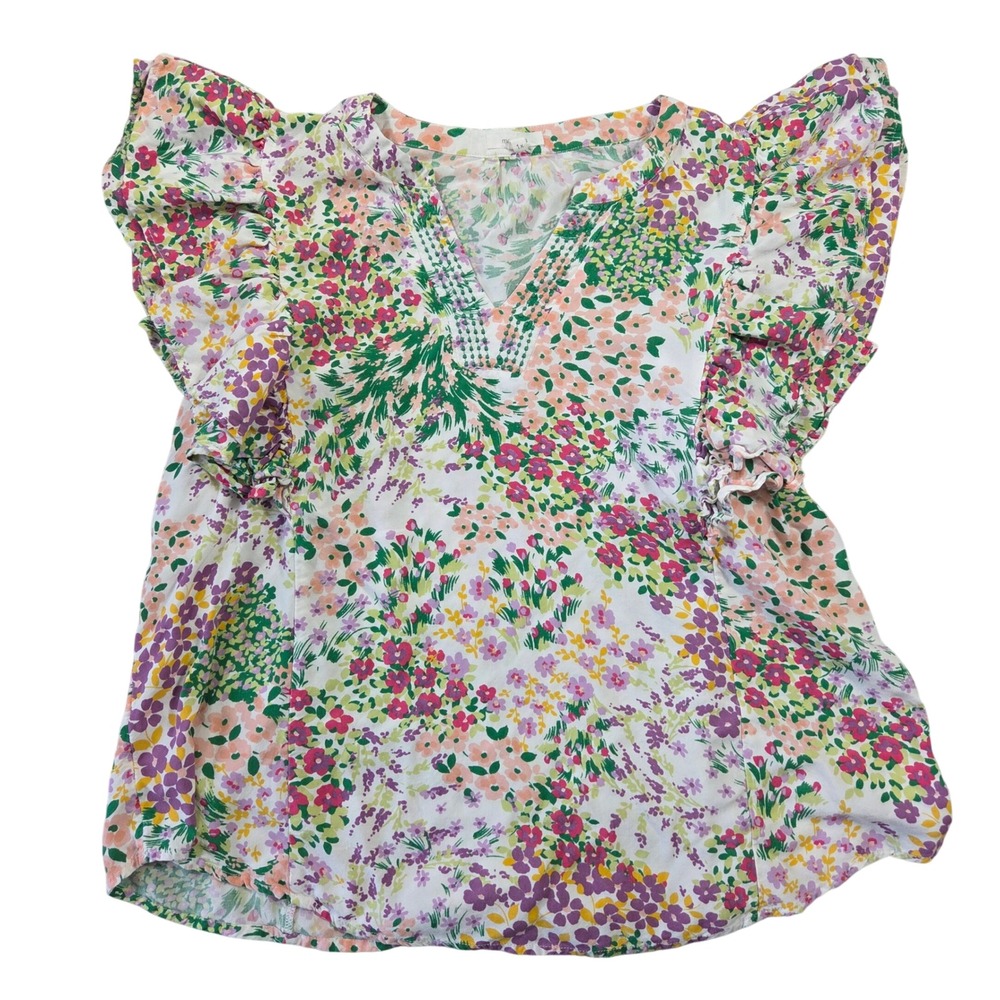 Maurices Women 1X Floral Flutter Sleeve V-Neck Top Multicolor Boho Ruffle Blouse